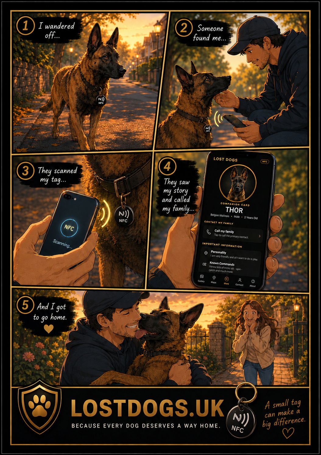 An illustrated guide showing how a Lost Dogs Companion Tag helps reunite a lost dog with their family